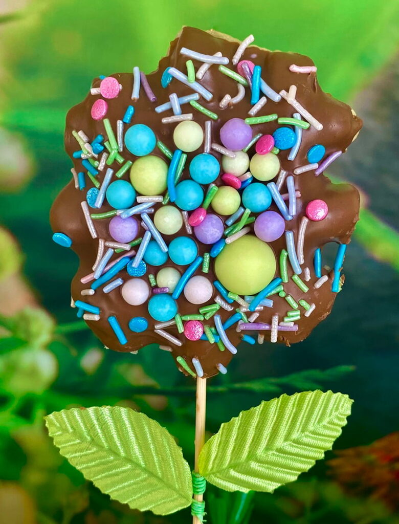 Chocolate-covered Easter waffle pop with pastel sprinkles and faux garden leaves on a stick.