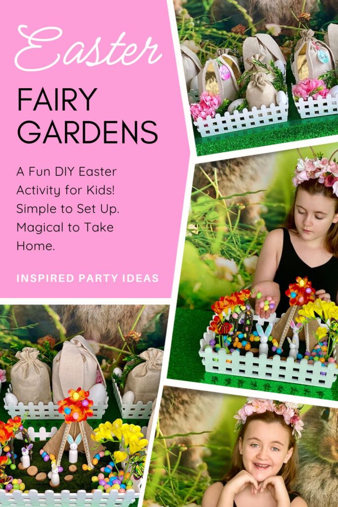 Collage of Easter fairy garden party activity for kids, featuring table setup, crafting moments, and close-up views of the completed garden from different angles.