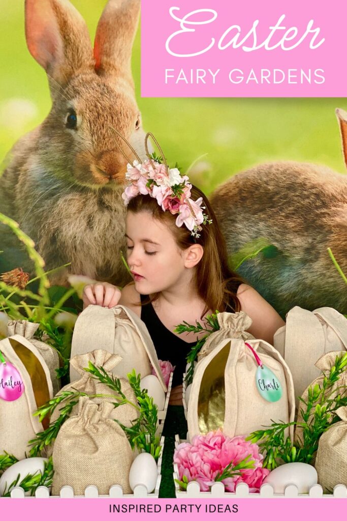 Sweet, innocent moment of a child exploring a bunny ear bag filled with Easter fairy garden party supplies, capturing the magic of a kids’ DIY Easter activity.