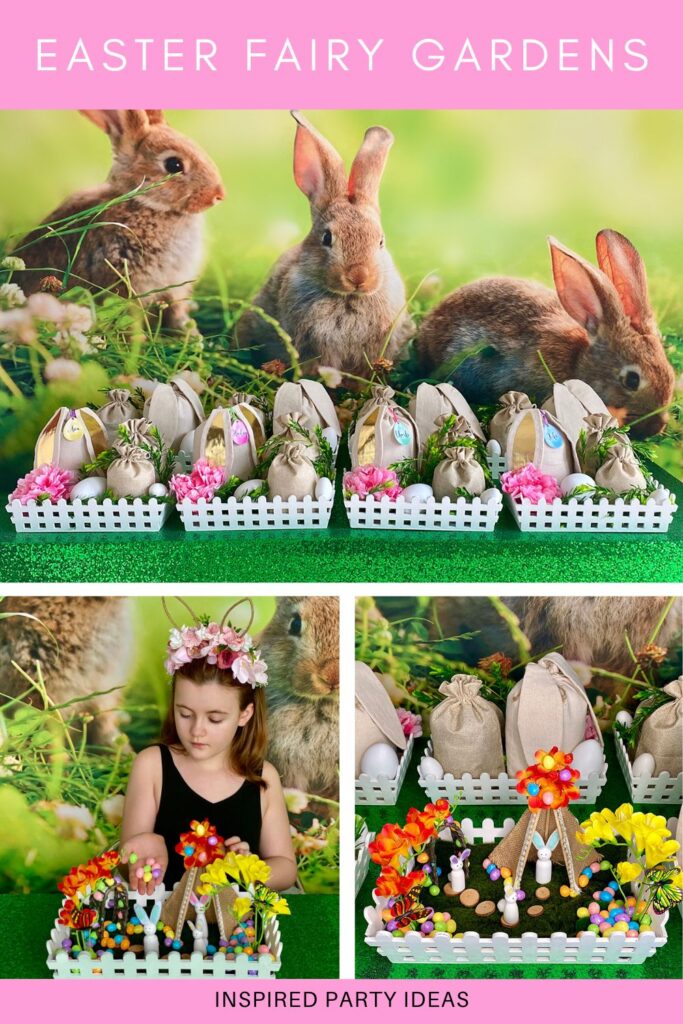 Easter fairy garden party activity for kids shown in three steps: table setup, a child making the garden, and the completed DIY fairy garden.