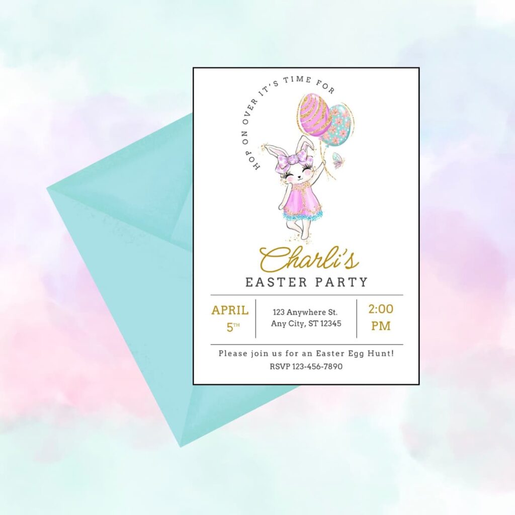 Easter party invitation featuring a bunny girl holding Easter egg balloons, styled with a pastel background and envelope; printable design by Inspired Party Design.
