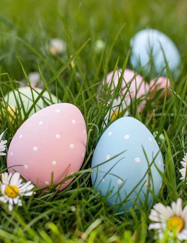 Pastel Easter eggs nestled in fresh green grass, capturing a soft and whimsical springtime Easter scene.