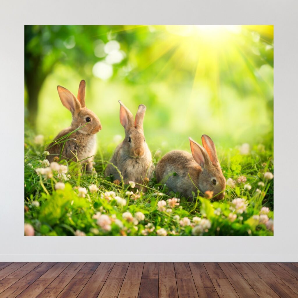 Spring-themed bunny party backdrop displayed on a wall, promoting backdrop designs from Inspired Party Backdrops.