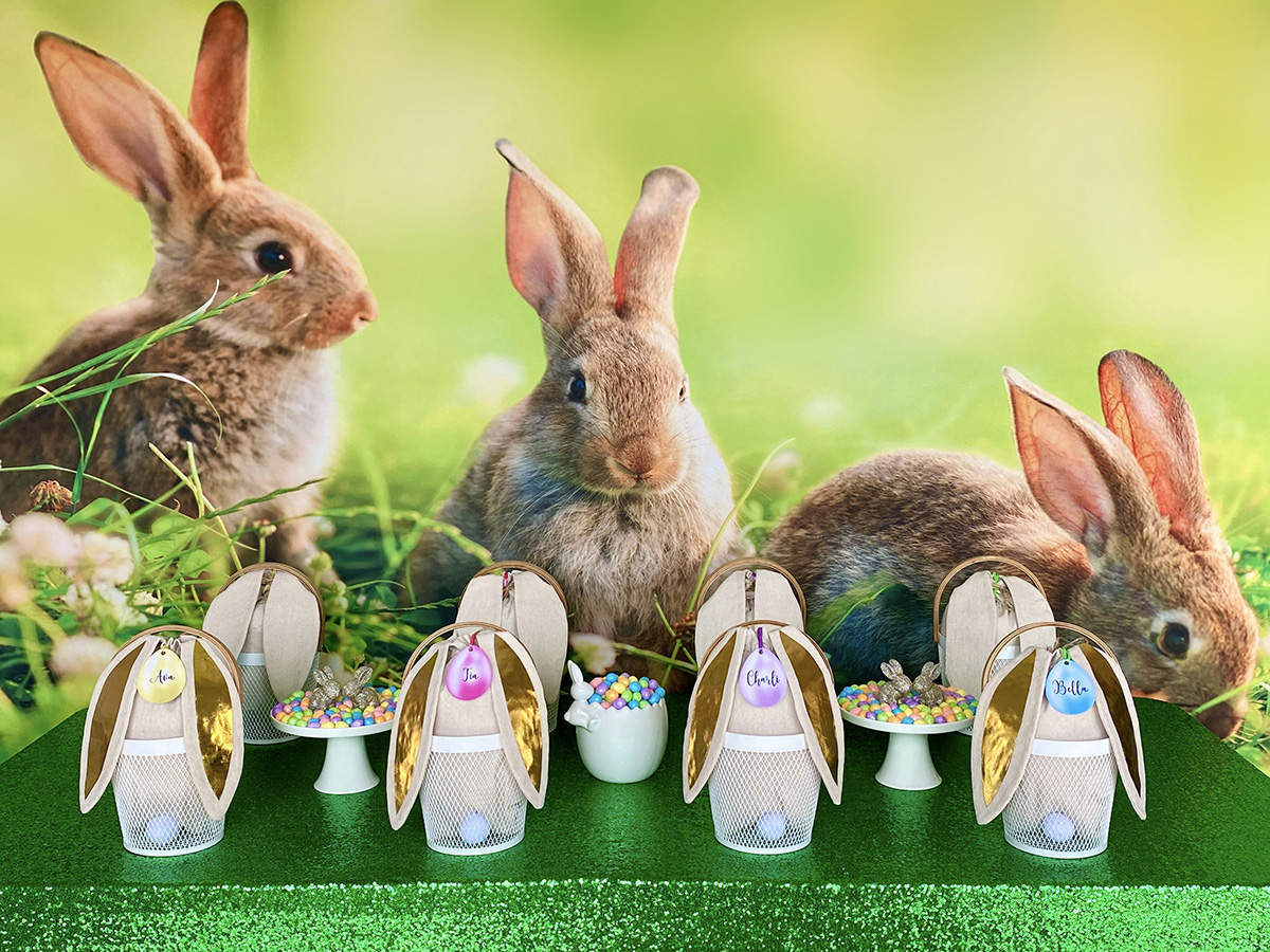 White wire baskets filled with bunny ear activity bags containing Easter basket decorating supplies, each with a personalised name tag, displayed on a kids’ Easter party table with pastel candy and a bunny backdrop.