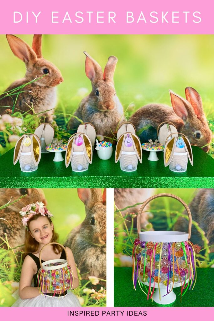 Collage of three images showing an Easter basket decorating party for kids: a craft table with a green tablecloth and a spring bunny backdrop, a white wire mesh basket decorated with pastel ribbons and sparkly acrylic crystal beads, and a smiling girl holding her finished Easter basket.