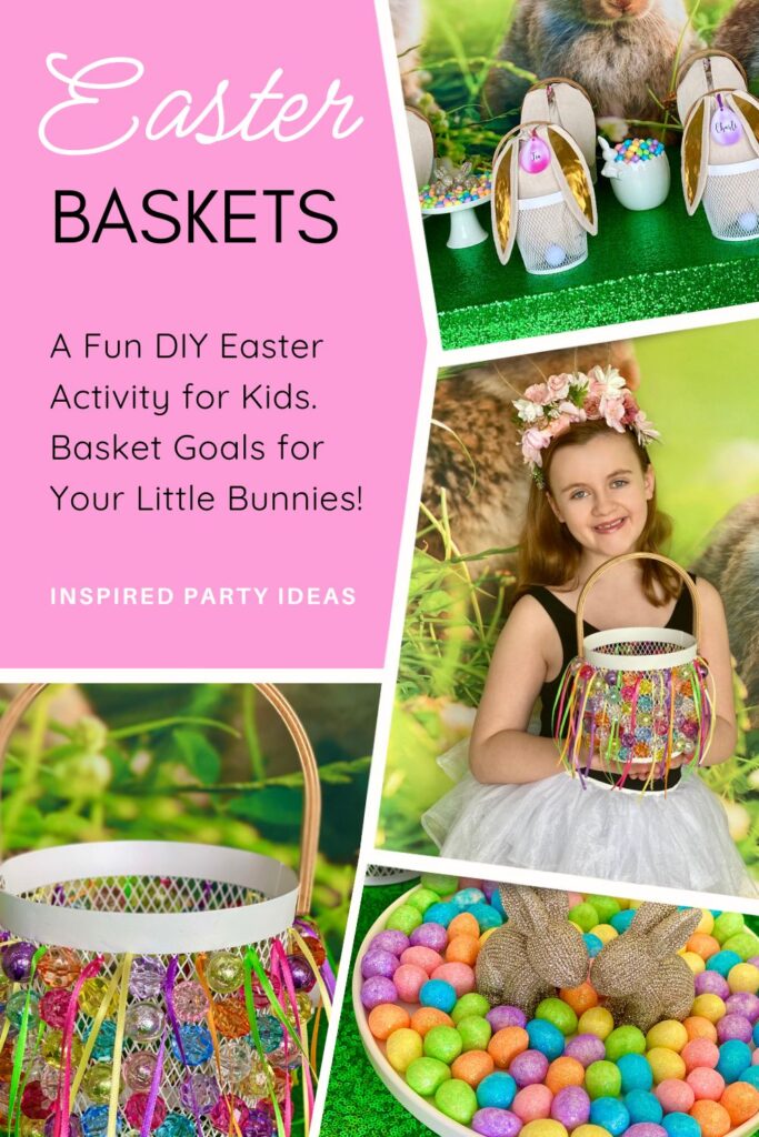 Pinterest collage with four images showing an Easter basket decorating activity for kids, featuring pastel party setup details and a finished white wire mesh basket decorated with thin ribbons and sparkling 20mm acrylic crystal beads.