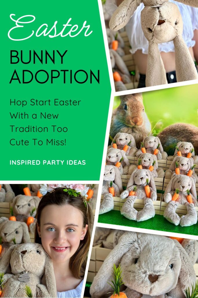 Collage of four images from an Easter Bunny Adoption Party, including a decorated party table setup, a close-up of a plush bunny, a young girl smiling with her new bunny, and a playful photo of a bunny plush upside down.