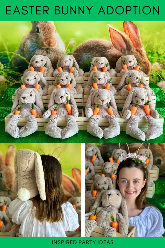 Pinterest collage of three images from a kids’ Easter Bunny Adoption Party, featuring a decorated party table, a girl holding her adopted plush bunny, and a child looking at the party table with a bunny on her shoulder facing the camera.