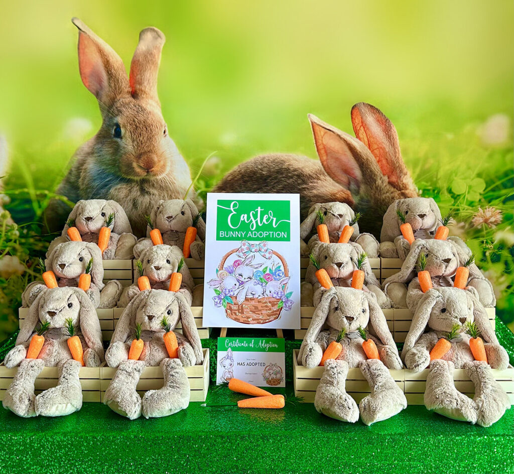 Plush bunnies holding carrots displayed on white crates with a sign reading 'Easter Bunny Adoption' at a kids' Easter party.