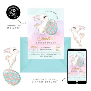 Easter invitation featuring a bunny rolling an egg, shown on paper and on a mobile phone screen to demonstrate customisation and digital download options, promoting Inspired Party Design.