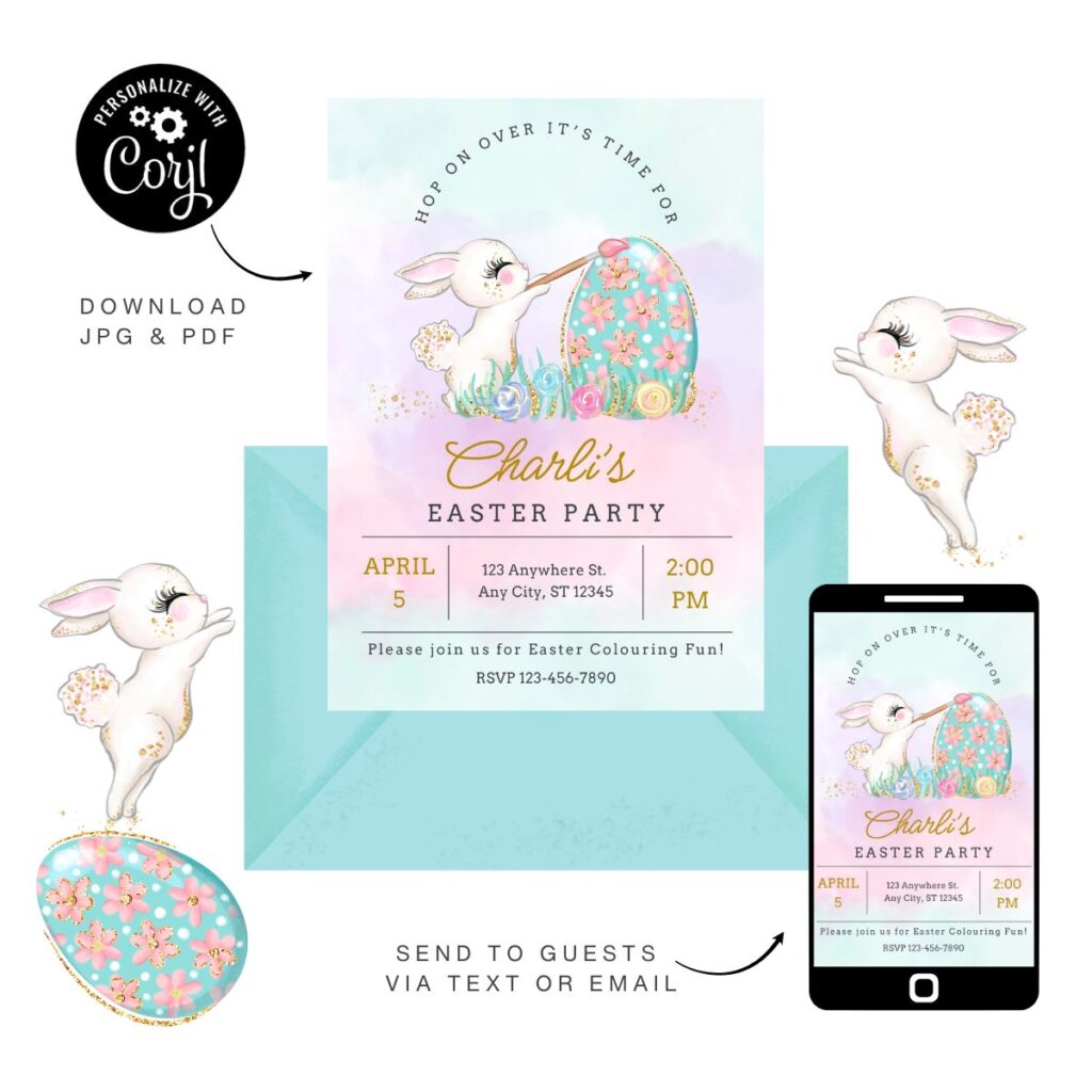 Editable Easter party invitation shown on a mobile phone screen, featuring a bunny painting an Easter egg with a paintbrush, from Inspired Party Design.