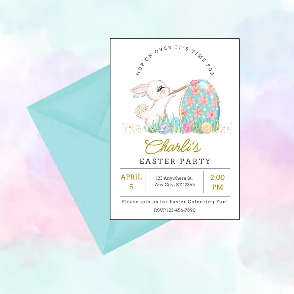 Easter party invitation featuring a cute bunny painting an Easter egg with a paintbrush, designed by Inspired Party Design.