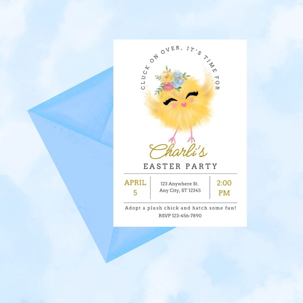 Easter party invitation featuring a single yellow chick as the main design, paired with a blue envelope on a pastel blue background.