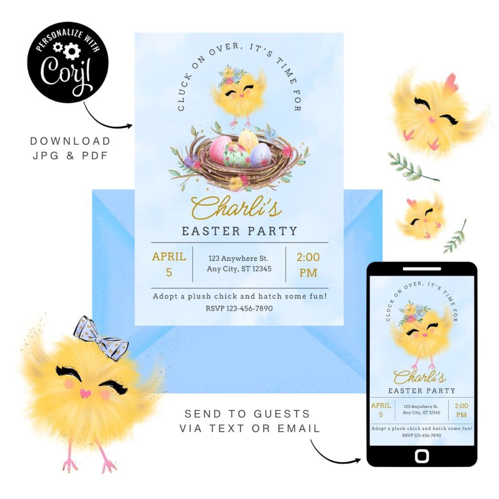 Easter Chick party invitation shown on a printed card and mobile phone, with decorative graphic chicks and envelope on display.