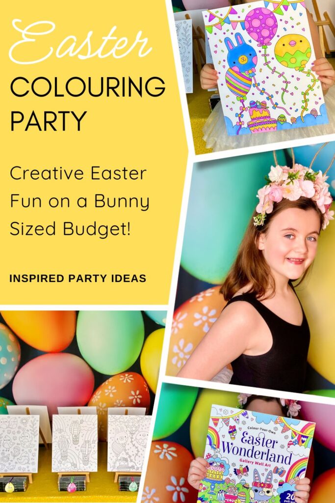 Collage of four images: Easter party table setup with colouring activity, girl holding Easter poster book, smiling girl wearing floral bunny ear headband, and a completed Easter colouring poster.