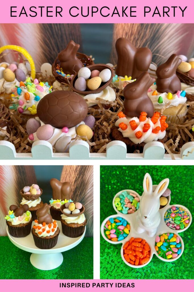 Pinterest collage for a kids’ Easter cupcake decorating party, with vanilla and carrot cupcakes, chocolate bunny toppers, sprinkle decorations, and a bunny candy dish.