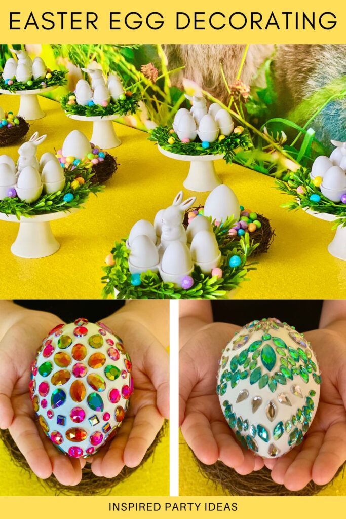 Pinterest collage with three images: an Easter egg decorating party table setup, a colourful decorated egg, and a green gem-covered Easter egg.