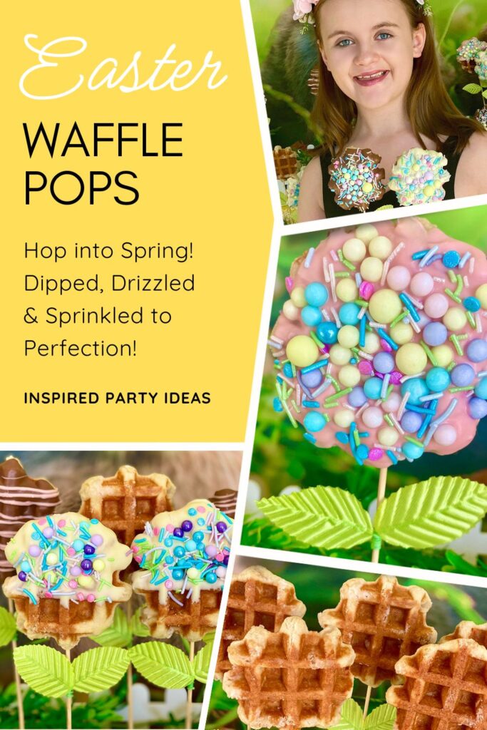 Collage of Easter Waffle Pops for kids — includes plain waffles, decorated waffles, pink sprinkle waffle, and a young girl holding her waffle pops.