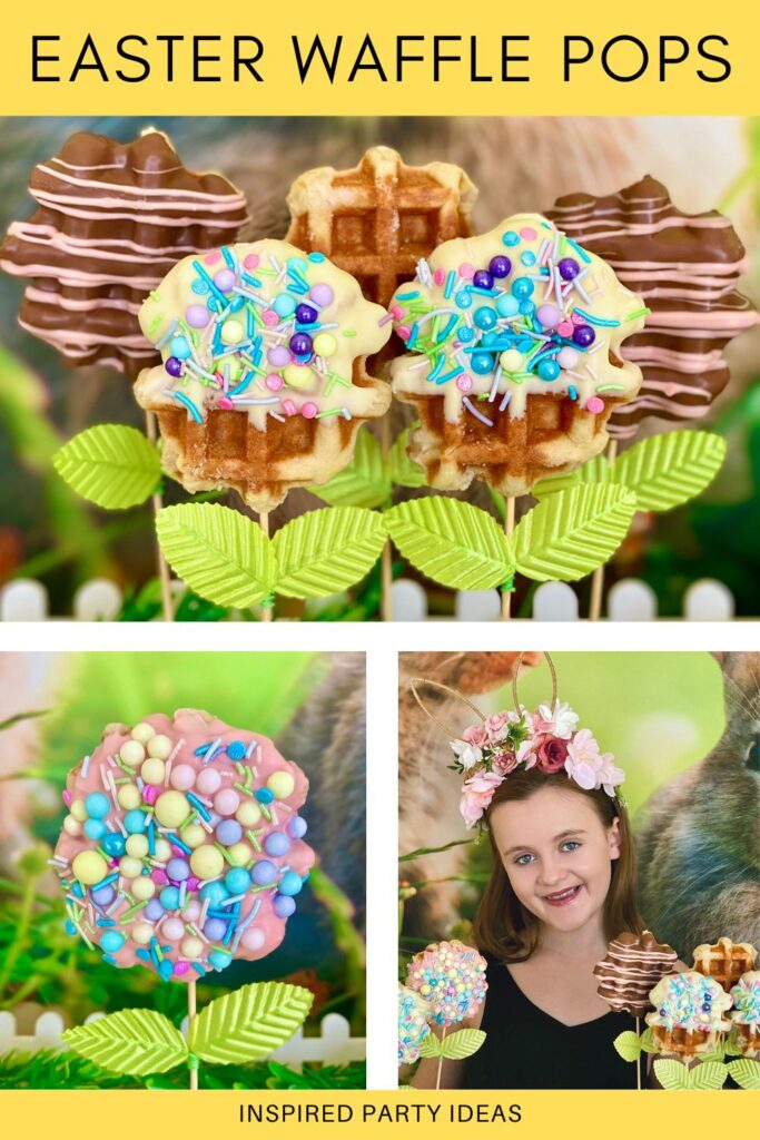 3-photo collage of Easter Waffle Pops including decorated pops, a close-up of a pastel-sprinkled pop, and a young girl enjoying the Easter party.