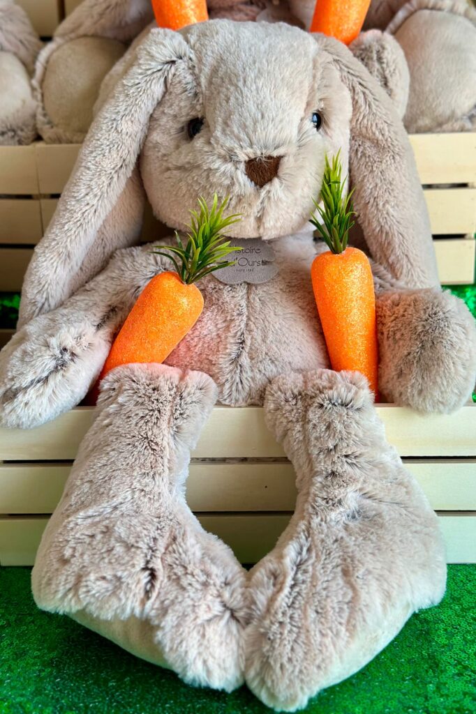 Close-up straight-angle view of a faux bunny sitting in a crate with a faux carrot on each side, for the Bunny Adoption party activity.