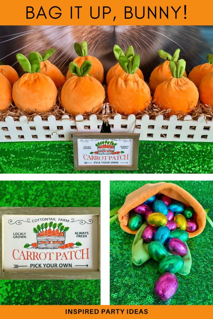 Collage of carrot-themed Easter party favours: carrot patch treat bags displayed in a white picket fence crate, close-up of matching “Carrot Patch” party sign, and velvet carrot bag spilling colorful Easter eggs onto green sequin tablecloth.