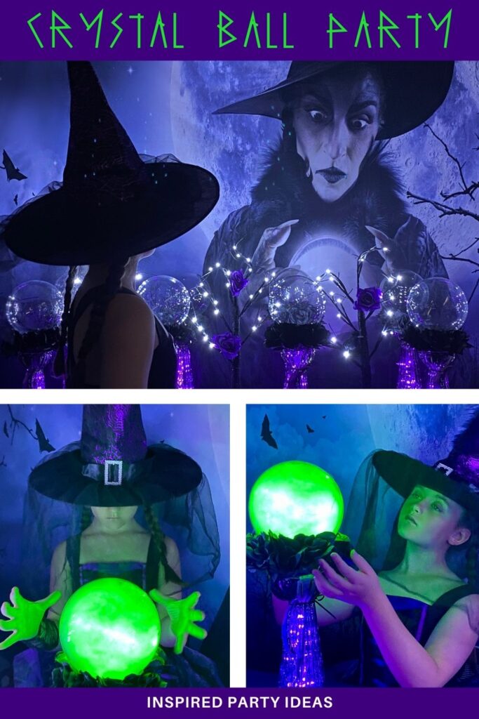 Three-image collage of a young girl dressed as a witch at a crystal ball party: she looks at the decorated table, holds her hands out on either side of her glowing green crystal ball, and gazes up at the glowing orb on a glass stand.