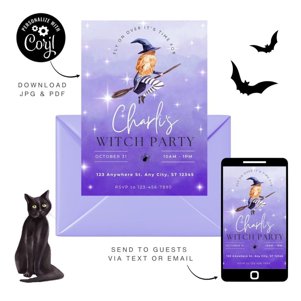 Purple-themed witch party invitation with matching purple envelope, shown alongside a mobile phone displaying the invitation, available for download, from Inspired Party Design for kids’ witch-themed parties.