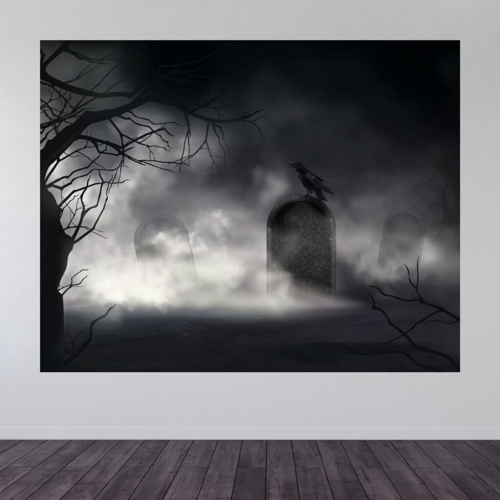 Spooky graveyard party backdrop displayed on a wall, promoting Inspired Party Backdrops’ themed decor for kids’ Halloween or witch-themed parties.