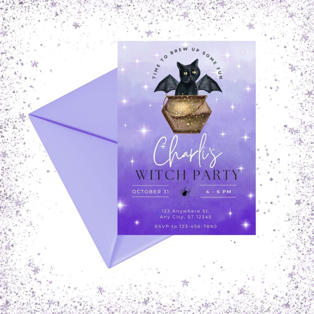 Witch party invitation from Inspired Party Design with gold cauldron and black cat, displayed with purple envelope for DIY cauldron party.