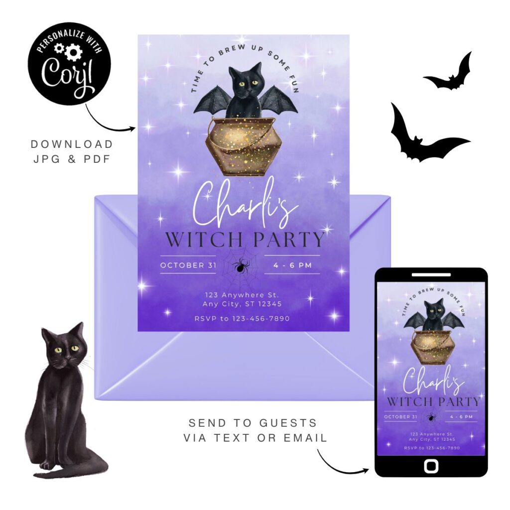 Witch party invitation from Inspired Party Design featuring gold cauldron with black cat, shown as printable and mobile version for DIY cauldron party.