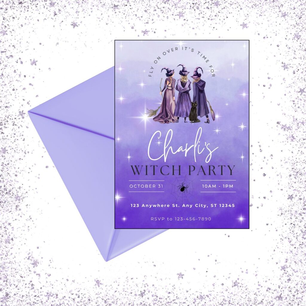 Witch-themed party invitation featuring witches in hats with brooms, with a purple envelope partially underneath, promoting Inspired Party Design.