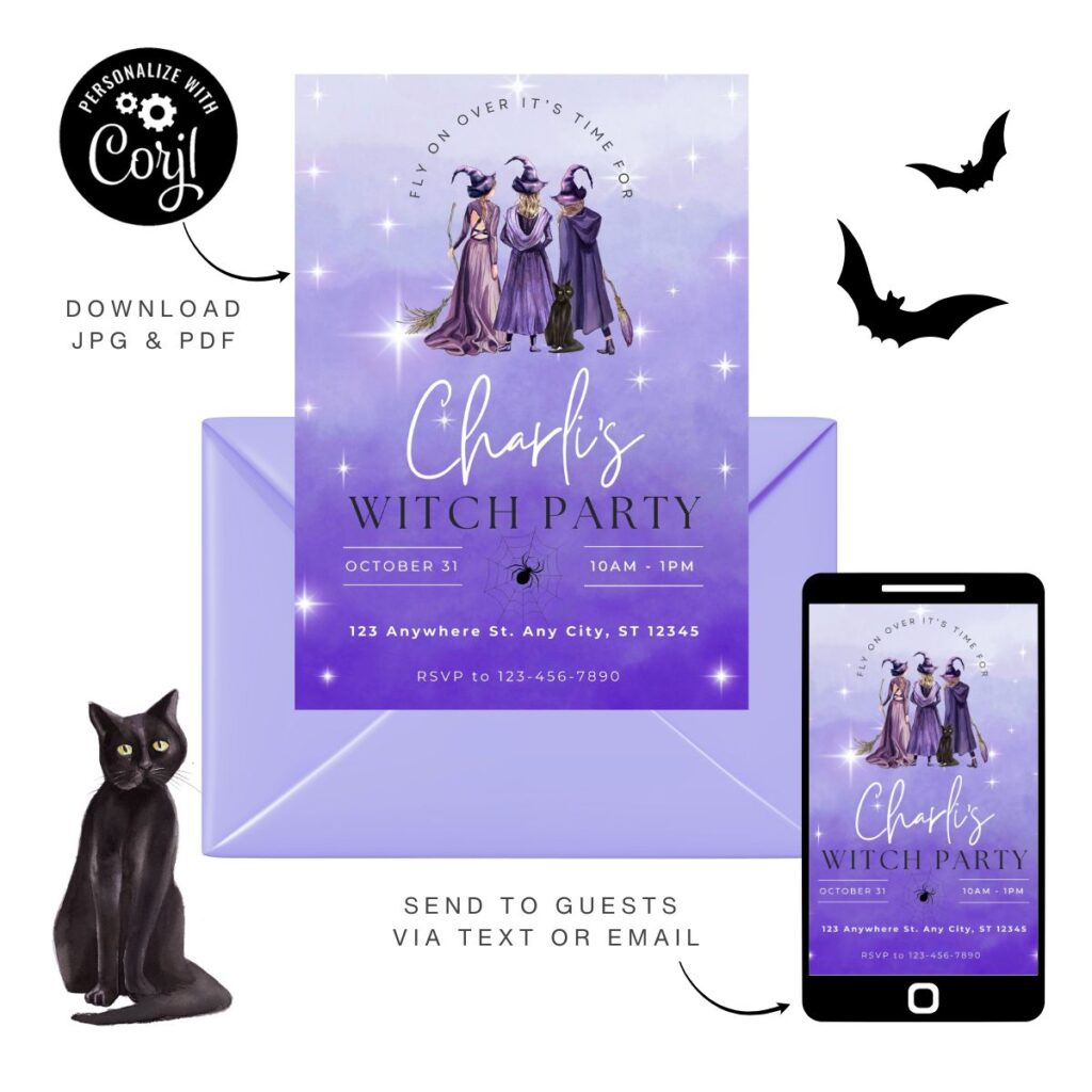 Witch-themed party invitation with a purple envelope and a mobile phone displaying the invitation, showing it can be downloaded, printed, emailed, or texted.