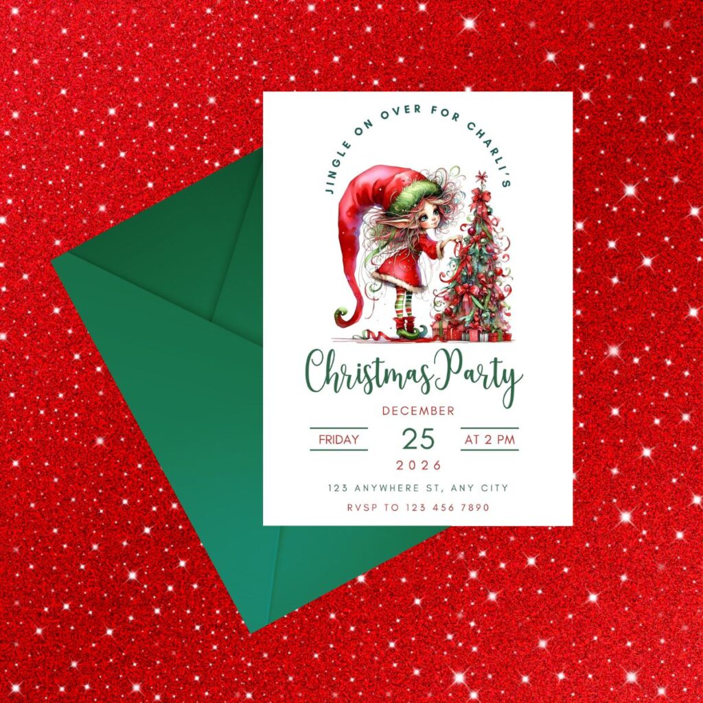 Elf-themed Christmas party invitation with green envelope on a red sequin background, promoting Inspired Party Design shop.