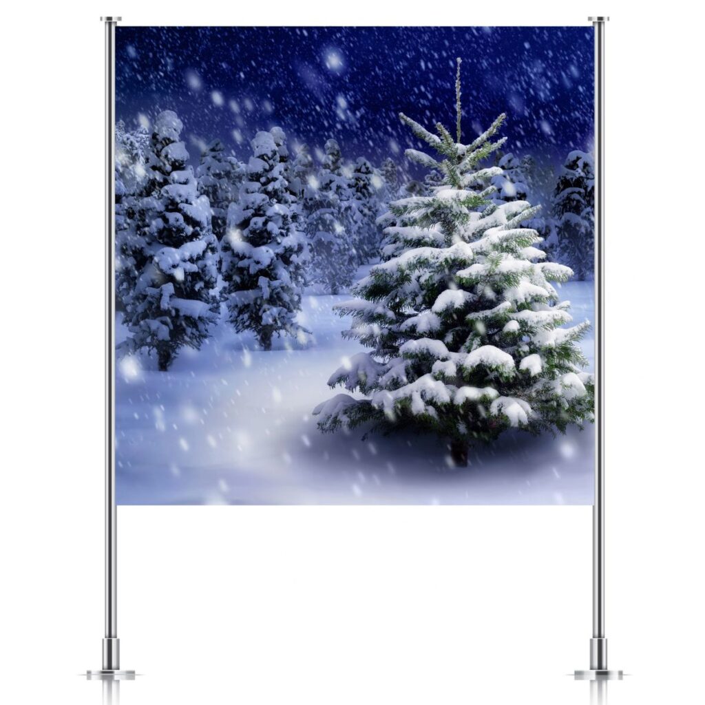 Snowy Christmas tree party backdrop displayed on a backdrop stand, promoting Inspired Party Backdrops shop.