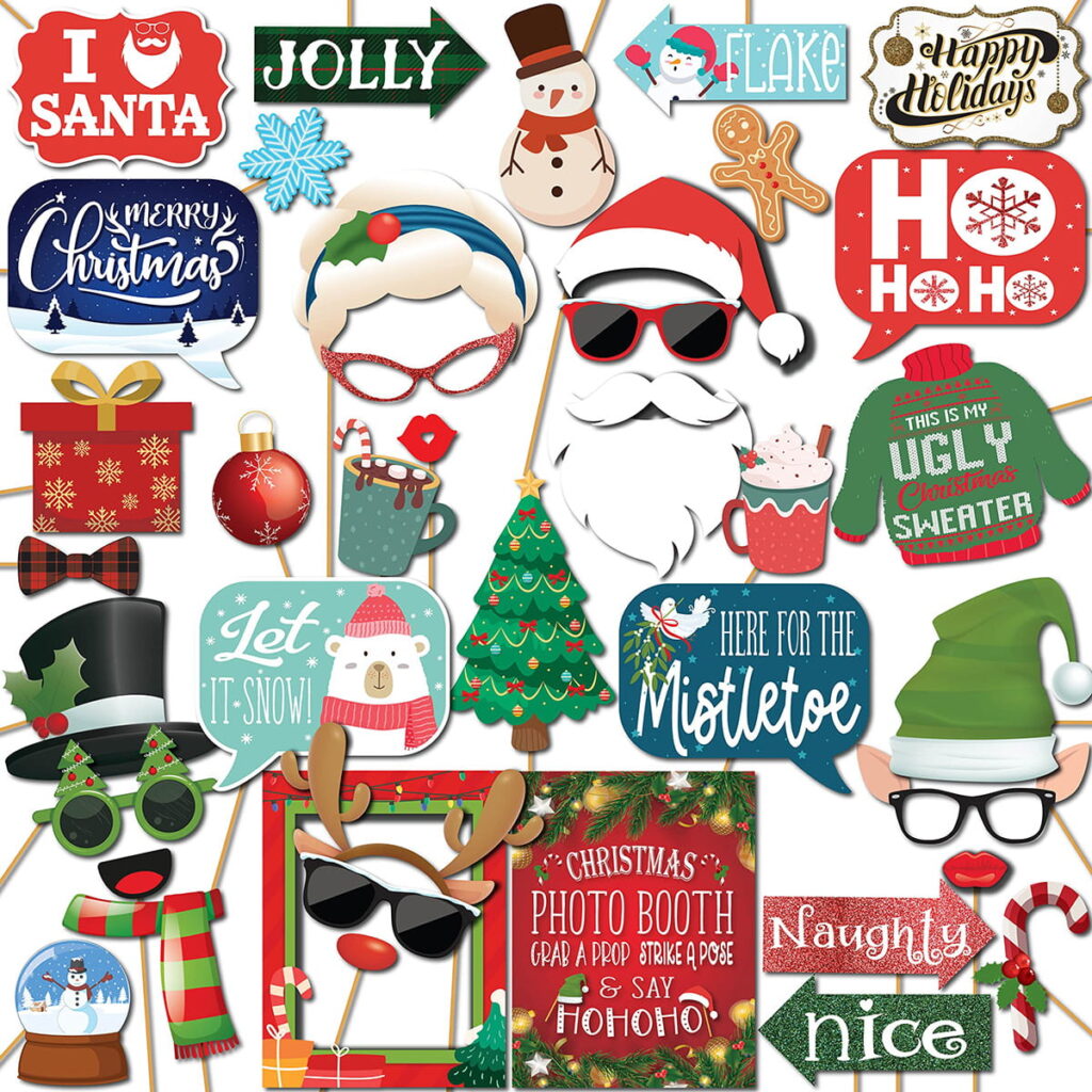 Christmas-themed photo booth props with festive images and holiday sentiments for kids’ party photos.