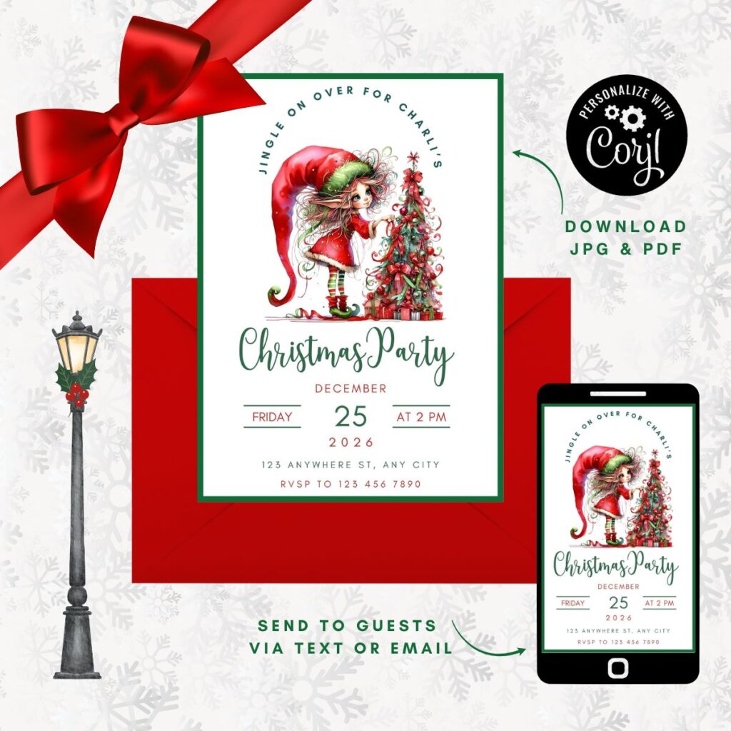 Elf-themed Christmas party invitation with red envelope and mobile preview, promoting Inspired Party Design shop.