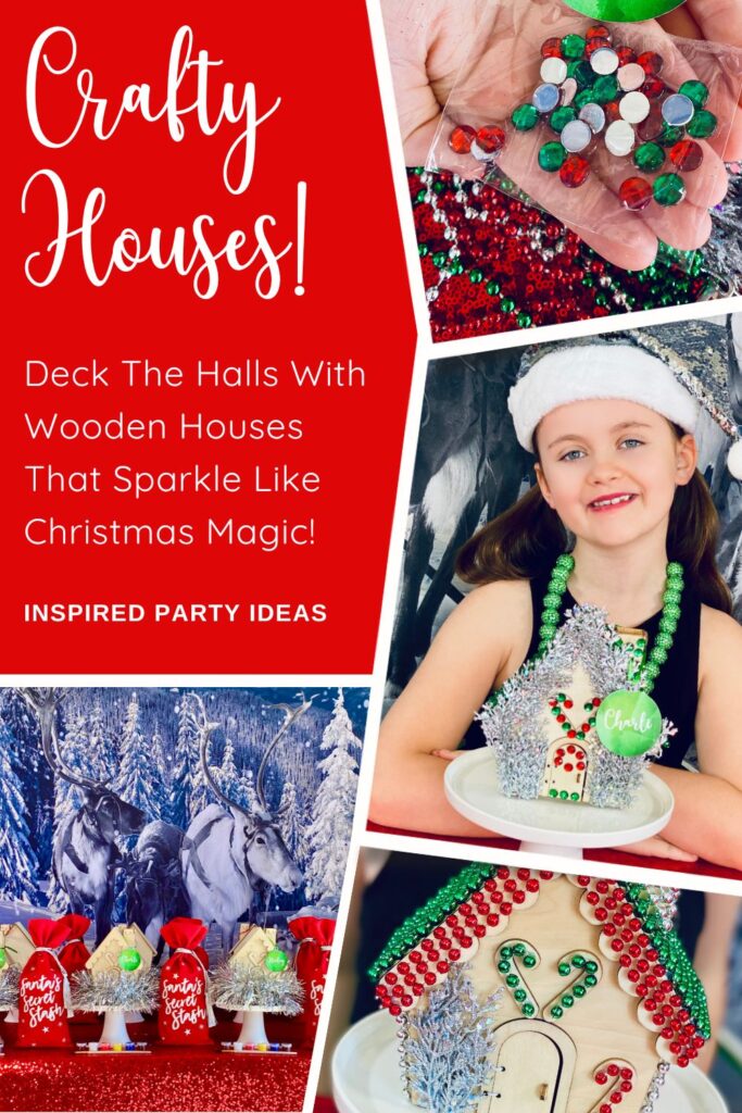 Collage of Christmas house decorating activity: festive party table, decorated wooden house, girl with her decorated house, and close-up of gems in a child’s hands.