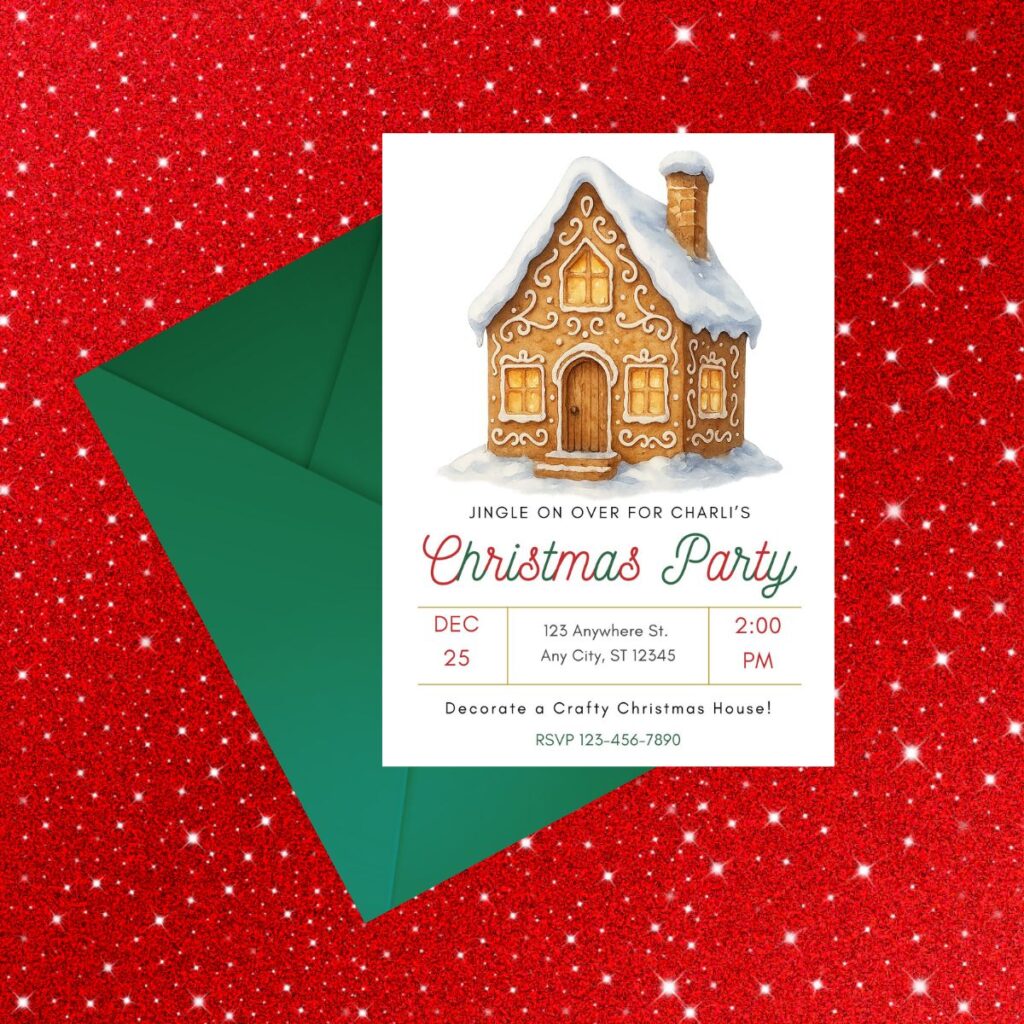 Gingerbread house themed Christmas party invitation with a green envelope, promoting Inspired Party Design shop.