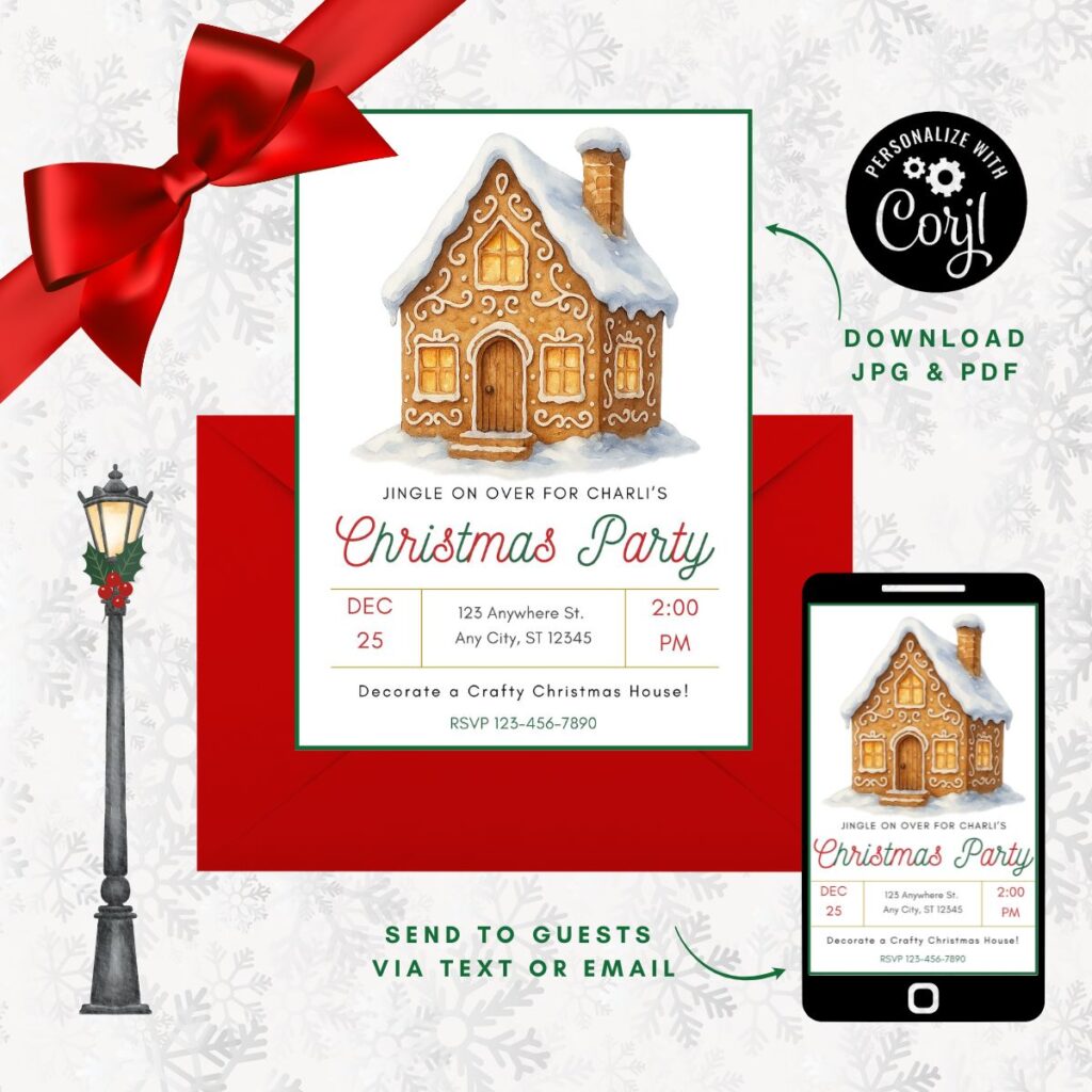 Gingerbread house themed Christmas party invitation on a red envelope and displayed on a smartphone, promoting Inspired Party Design shop.
