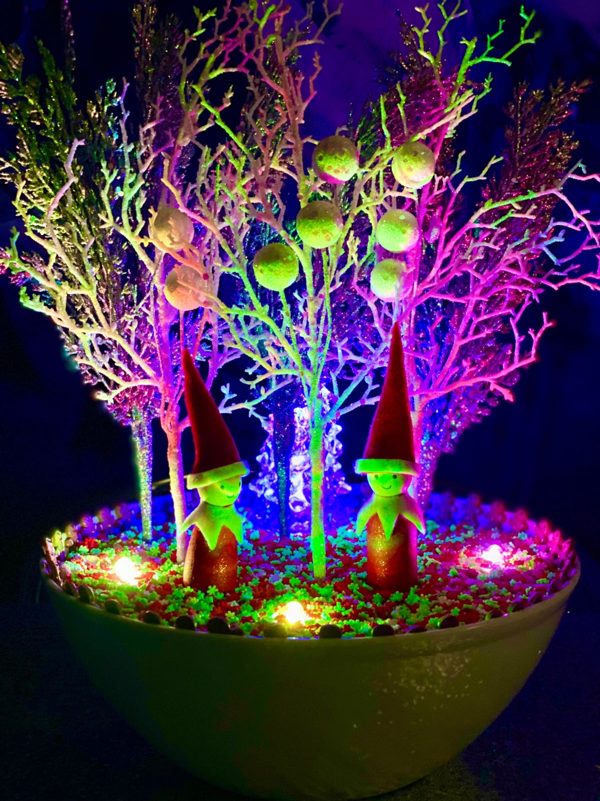 Kids' glowing multicoloured Christmas fairy garden with a blue-lit LED tree, white and silver winter foliage picks and two wooden elves.