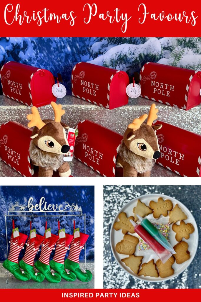Christmas party favour ideas collage featuring red Santa mailbox favours with plush reindeer, elf stockings, and diy Christmas cookie decorating treats.