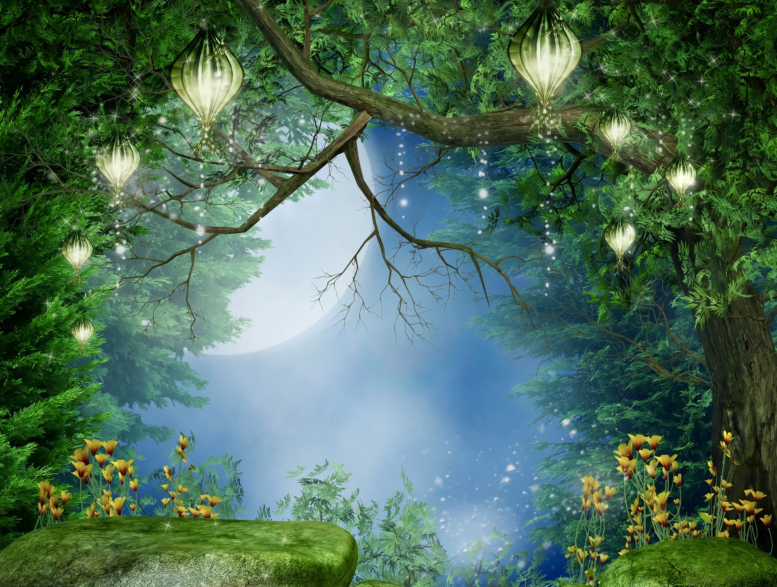Enchanted fairy garden backdrop featuring a glowing full moon, lush greenery, mossy rocks, and twinkling tree lights.