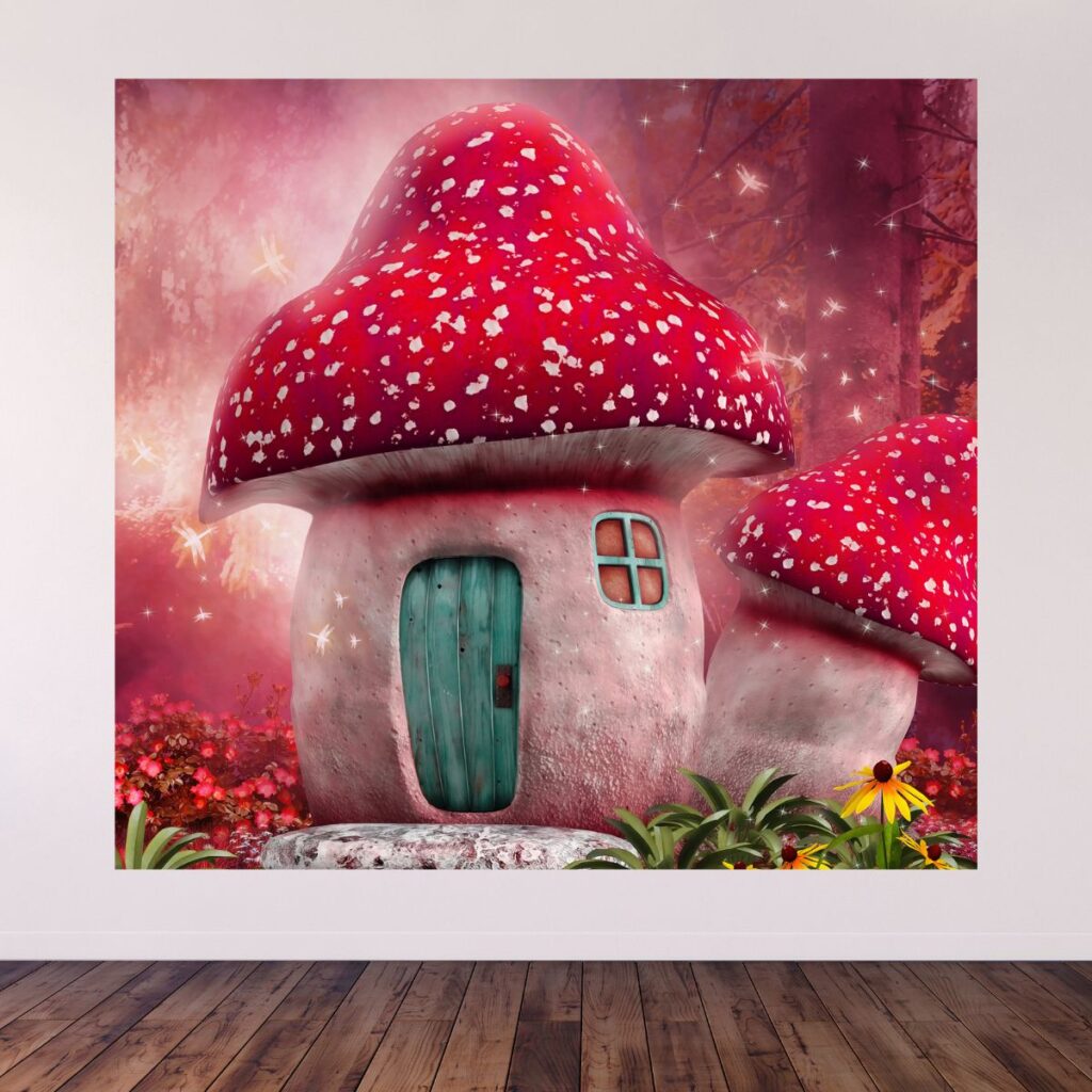 Red fairy mushroom house backdrop displayed on wall for a kids fairy party, promoting Inspired Party Backdrops.