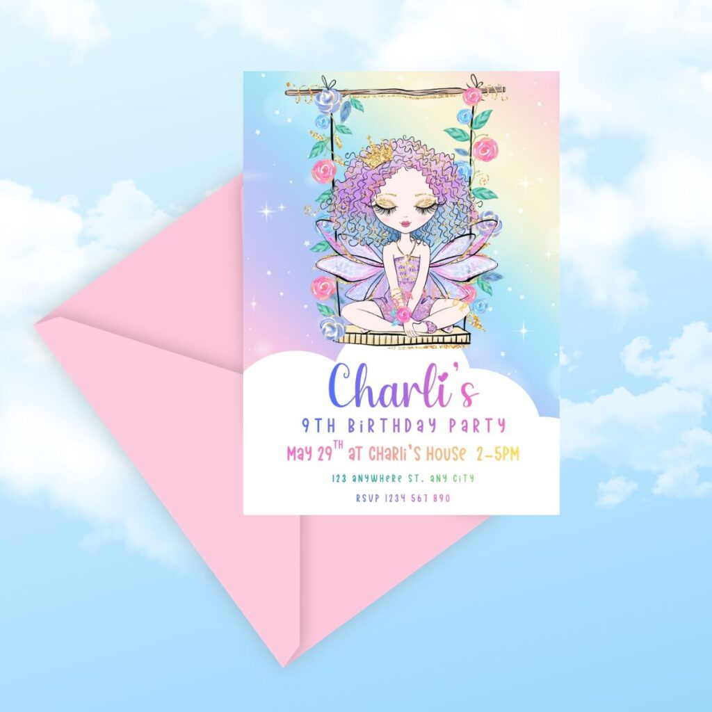 Fairy birthday party invitation with pink envelope promoting Inspired Party Design