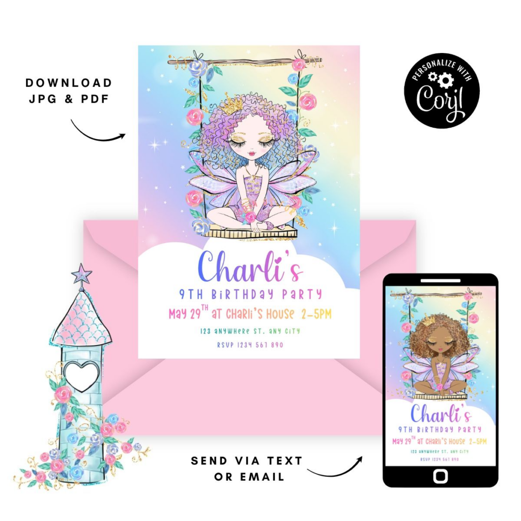Fairy birthday party invitation with pink envelope displayed alongside matching digital version on mobile phone.