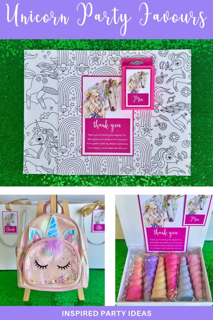 Three image collage of unicorn party favours including a unicorn colouring activity kit, pink unicorn backpack, and unicorn horn shaped chalks for kids party.