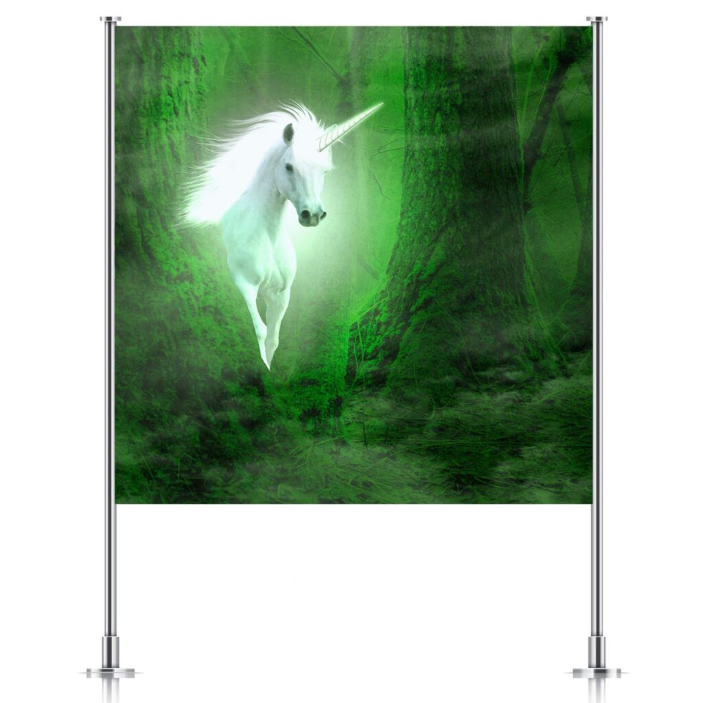 Unicorn party backdrop on backdrop stand with green forest and white unicorn design, promoting Inspired Party Backdrops.