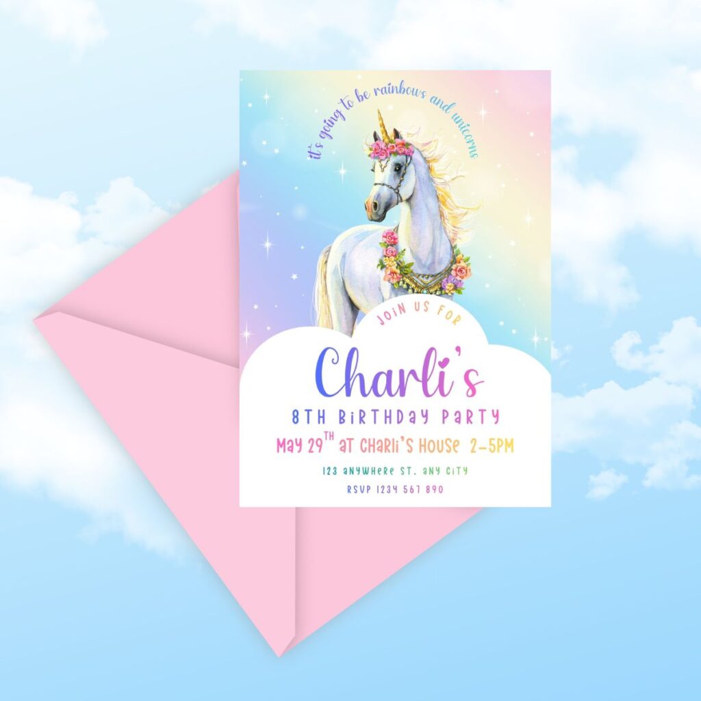 Pastel unicorn party invitation with pink envelope underneath, promoting Inspired Party Design shop.