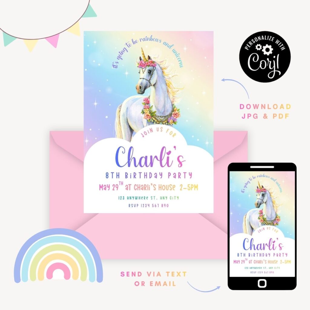 Pastel unicorn party invitation with pink envelope and mobile display option, promoting Inspired Party Design shop.