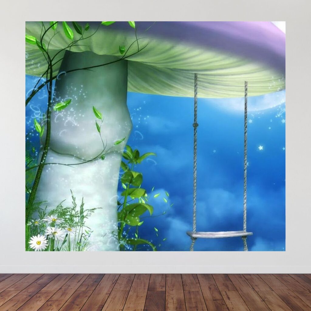 Fairy mushroom swing party backdrop on a wall promoting Inspired Party Backdrops.